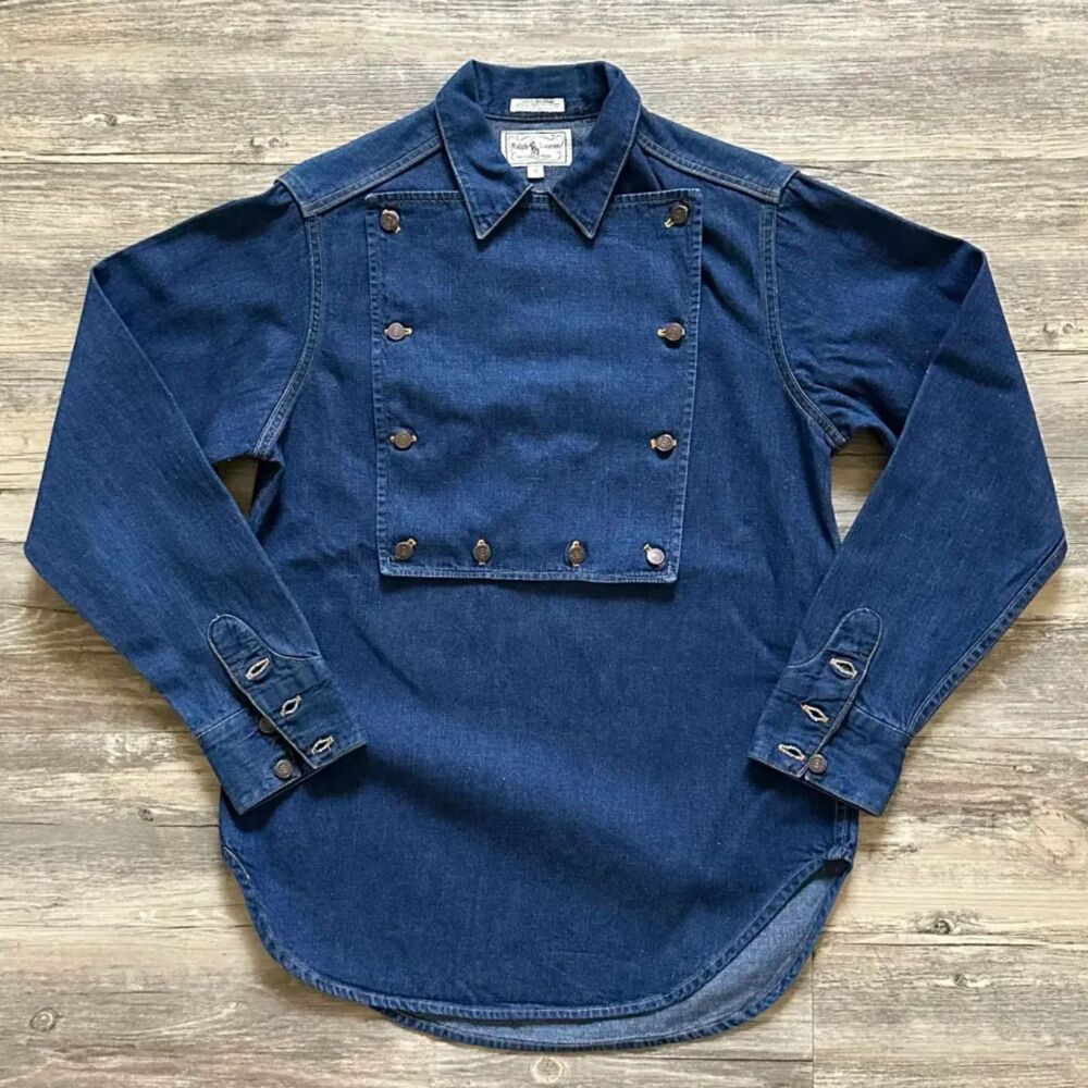 Vintage 70s Ralph Lauren Western Wear Denim Bib Button Shirt Size 12 RARE!